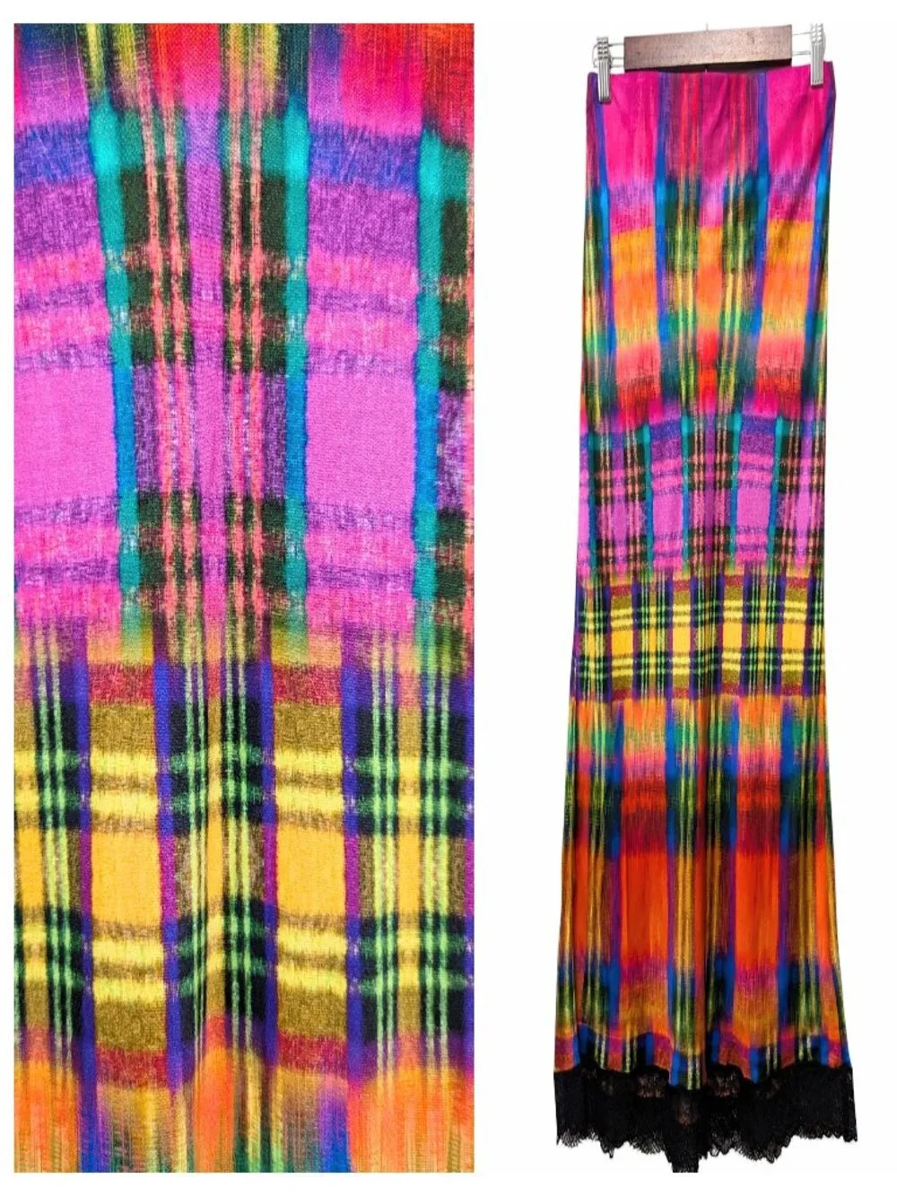 Desigual Womens NWT Size S Neon Tartan Plaid Pull On Lace Hem Trim Slip Skirt - Picture 1 of 10